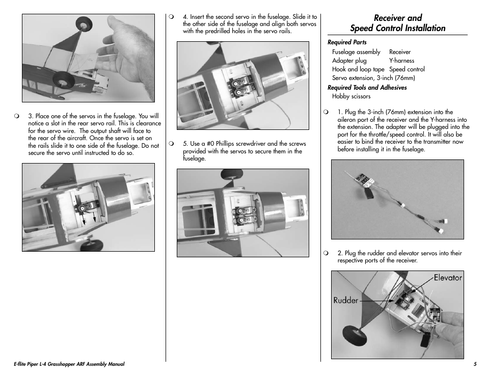 Receiver and speed control installation | E-flite Piper L-4 Grasshopper 250 ARF User Manual | Page 5 / 24