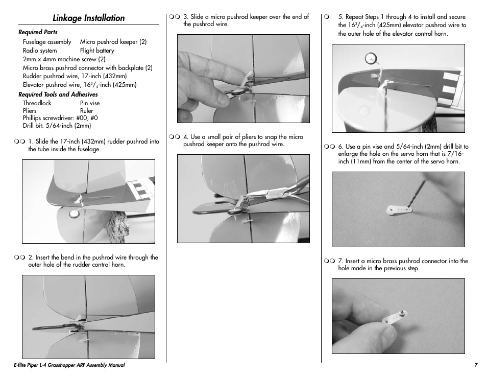 Linkage installation | E-flite Piper L-4 Grasshopper 250 ARF User Manual | Page 7 / 24