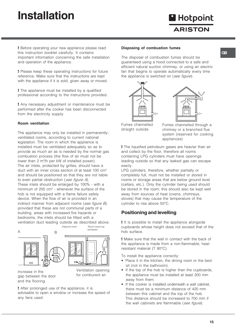 Installation, Positioning and levelling | Hotpoint Ariston C 34S M5 R/HA User Manual | Page 15 / 40