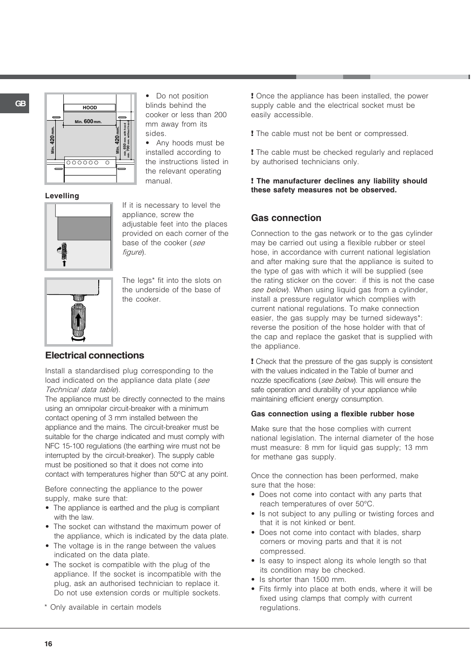 Electrical connections, Gas connection | Hotpoint Ariston C 34S M5 R/HA User Manual | Page 16 / 40