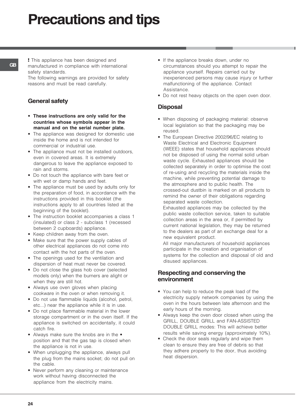 Precautions and tips, General safety, Disposal | Respecting and conserving the environment | Hotpoint Ariston C 34S M5 R/HA User Manual | Page 24 / 40