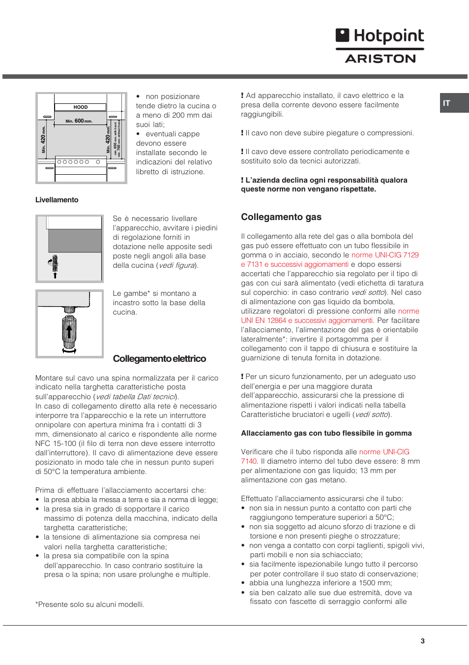 Collegamento elettrico, Collegamento gas | Hotpoint Ariston C 34S M5 R/HA User Manual | Page 3 / 40