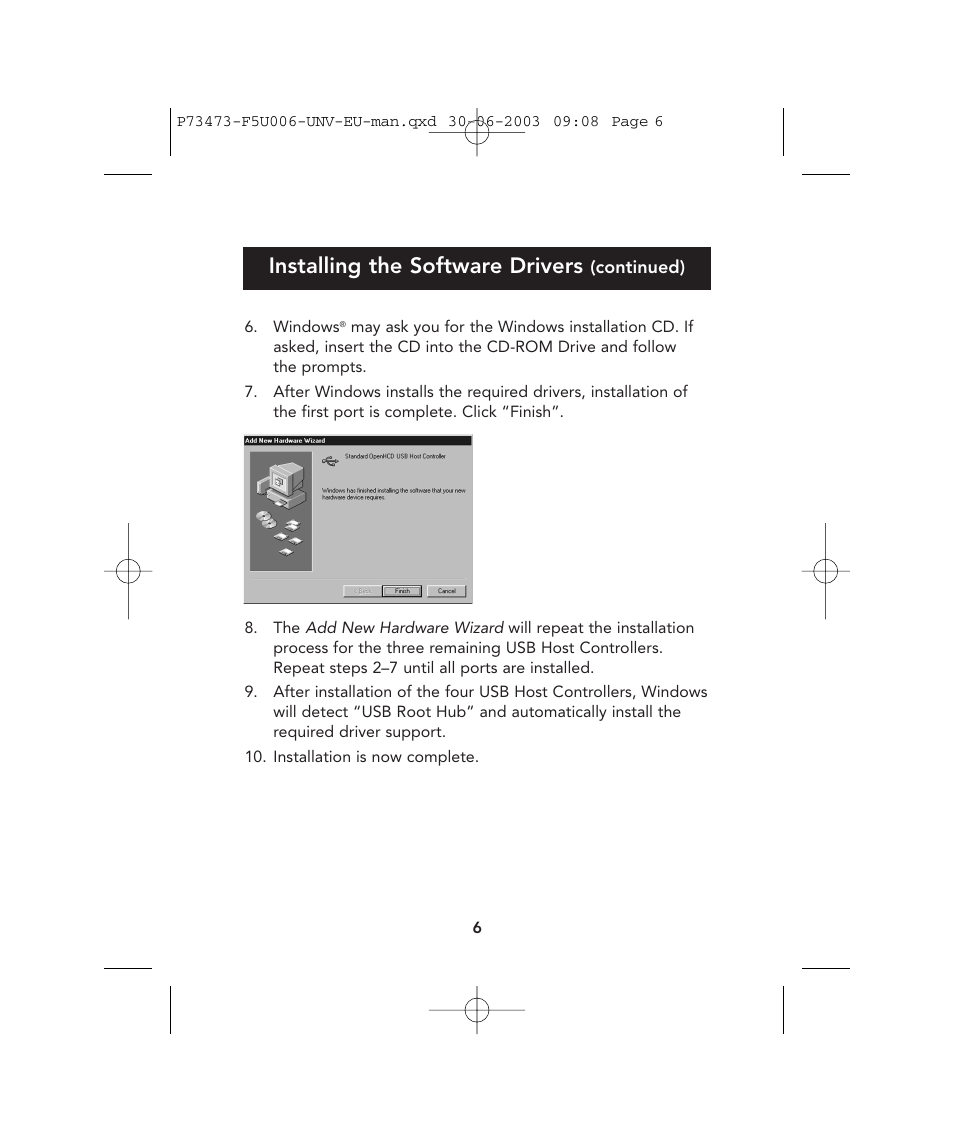 Installing the software drivers | Belkin 4-Port USB PCI Card P73473 F5U006-UNV User Manual | Page 10 / 16