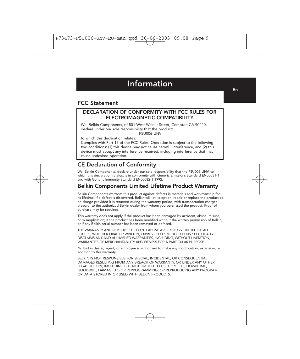 Information, Fcc statement, Ce declaration of conformity | Belkin 4-Port USB PCI Card P73473 F5U006-UNV User Manual | Page 13 / 16