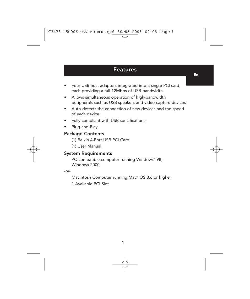 Features | Belkin 4-Port USB PCI Card P73473 F5U006-UNV User Manual | Page 5 / 16