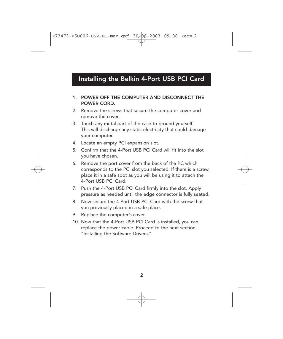 Installing the belkin 4-port usb pci card | Belkin 4-Port USB PCI Card P73473 F5U006-UNV User Manual | Page 6 / 16