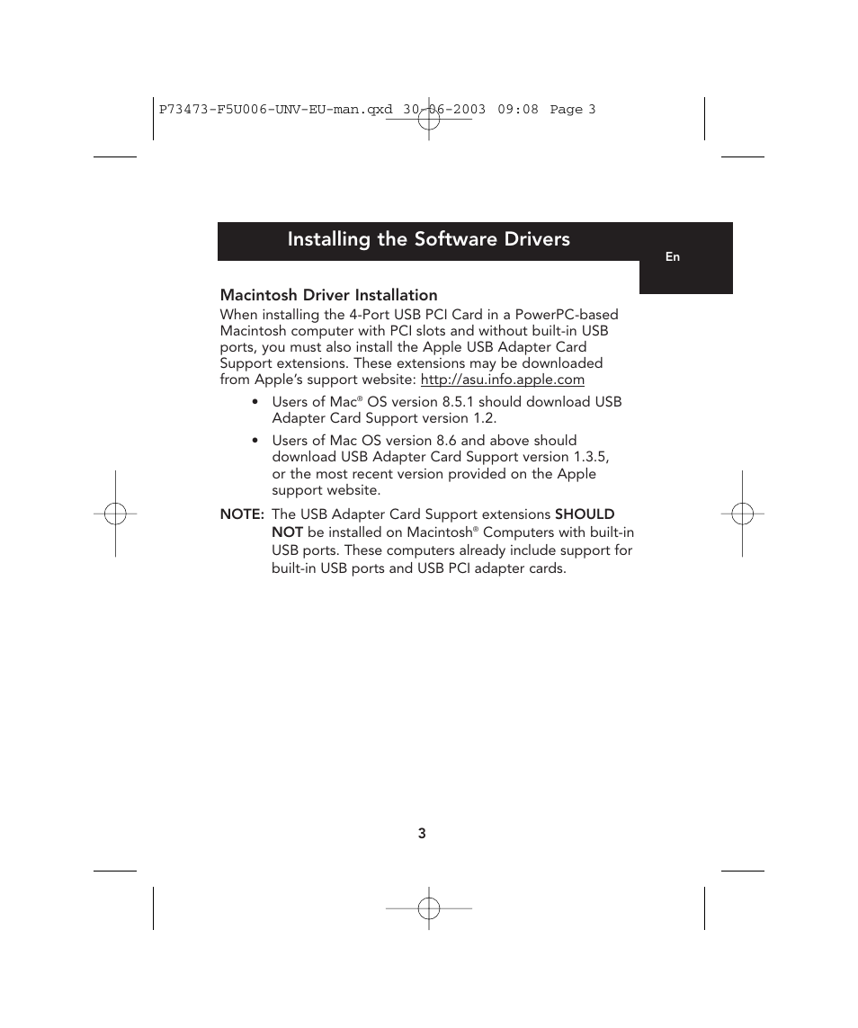 Installing the software drivers | Belkin 4-Port USB PCI Card P73473 F5U006-UNV User Manual | Page 7 / 16