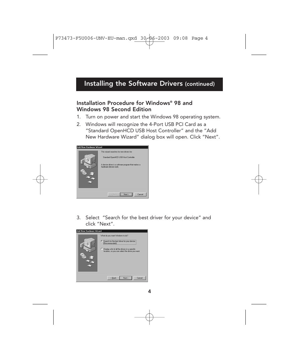 Installing the software drivers | Belkin 4-Port USB PCI Card P73473 F5U006-UNV User Manual | Page 8 / 16