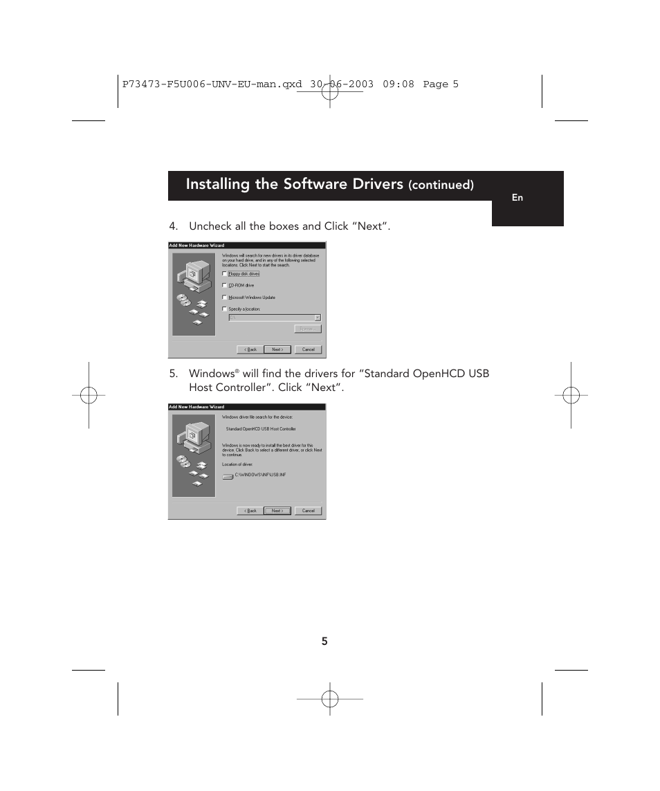 Installing the software drivers | Belkin 4-Port USB PCI Card P73473 F5U006-UNV User Manual | Page 9 / 16