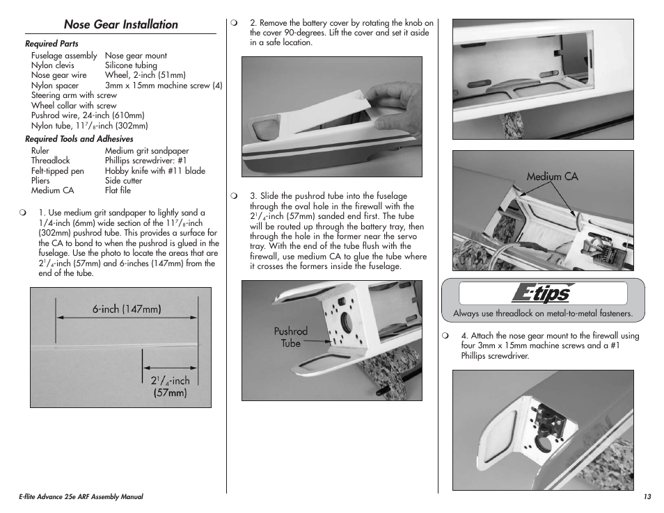 Nose gear installation | E-flite Advance 25e User Manual | Page 13 / 36