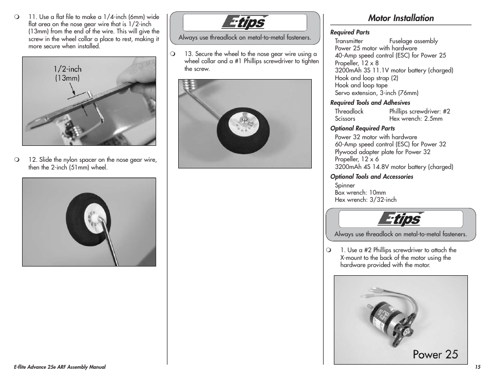 Motor installation | E-flite Advance 25e User Manual | Page 15 / 36