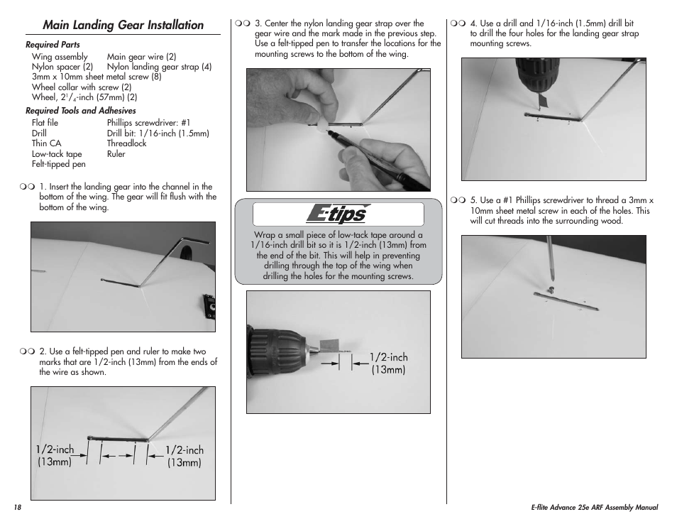 Main landing gear installation | E-flite Advance 25e User Manual | Page 18 / 36