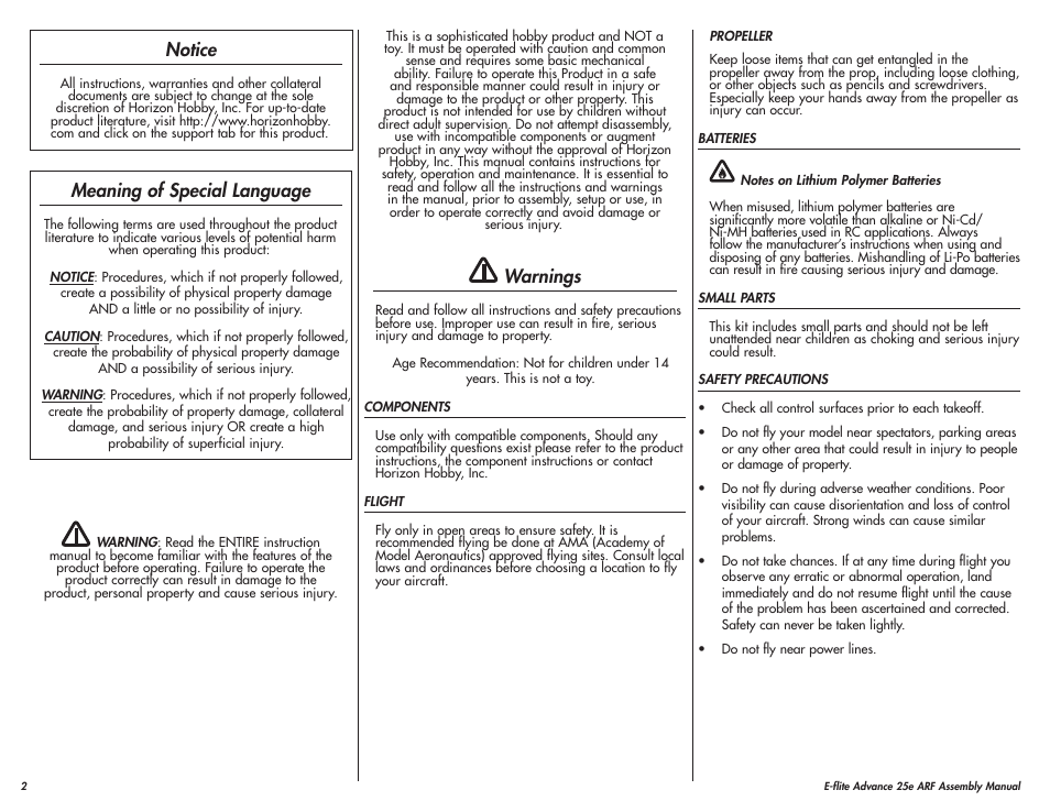 Notice, Meaning of special language, Warnings | E-flite Advance 25e User Manual | Page 2 / 36