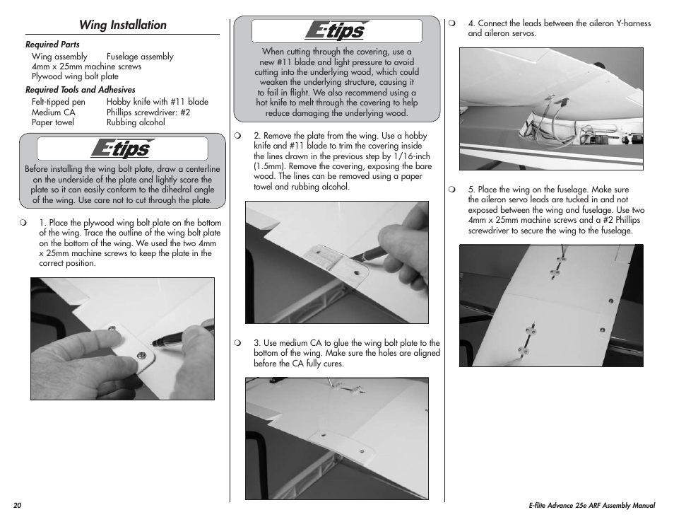 Wing installation | E-flite Advance 25e User Manual | Page 20 / 36