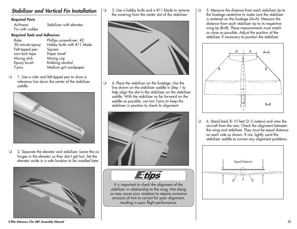 Stabilizer and vertical fin installation | E-flite Advance 25e User Manual | Page 21 / 36