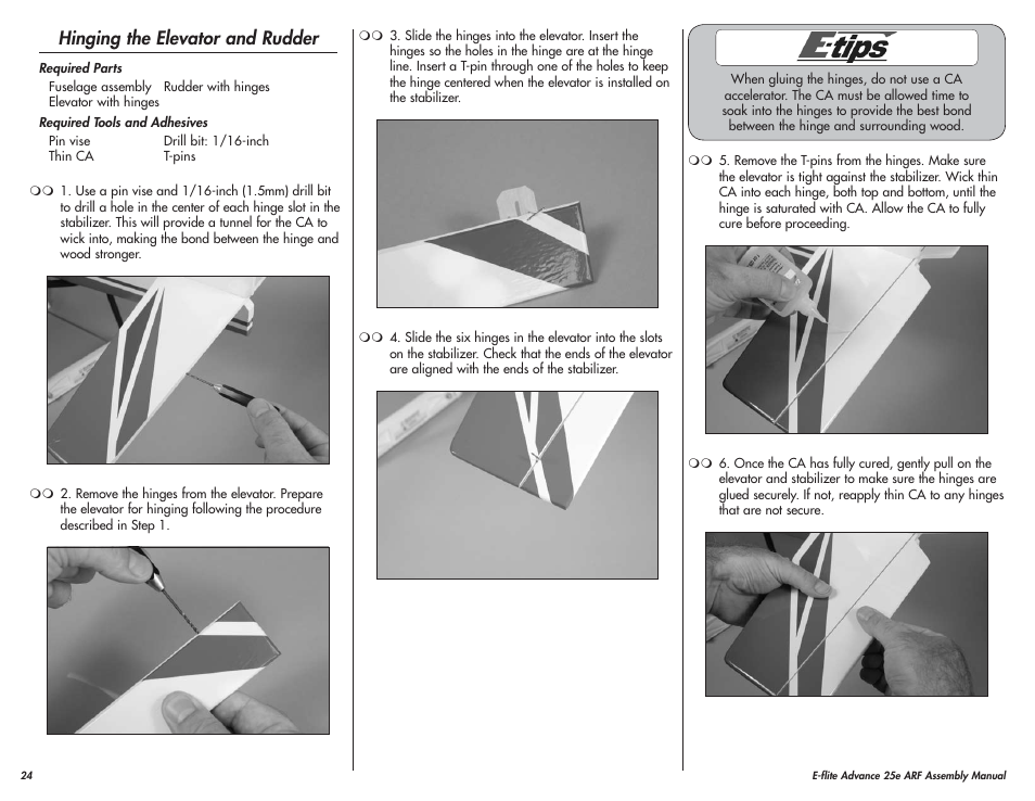 Hinging the elevator and rudder | E-flite Advance 25e User Manual | Page 24 / 36