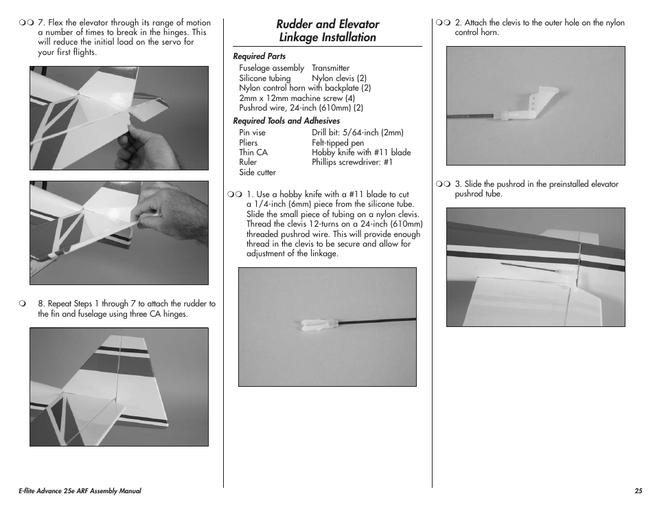Rudder and elevator linkage installation | E-flite Advance 25e User Manual | Page 25 / 36