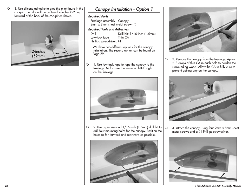 Canopy installation - option 1 | E-flite Advance 25e User Manual | Page 28 / 36