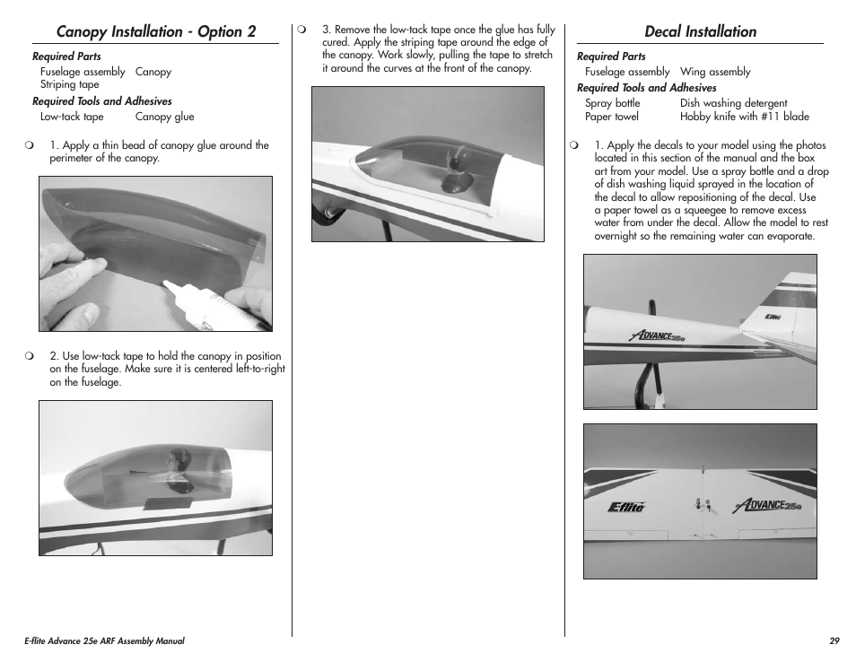 Canopy installation - option 2, Decal installation | E-flite Advance 25e User Manual | Page 29 / 36