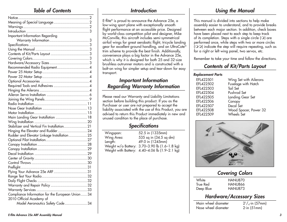 E-flite Advance 25e User Manual | Page 3 / 36