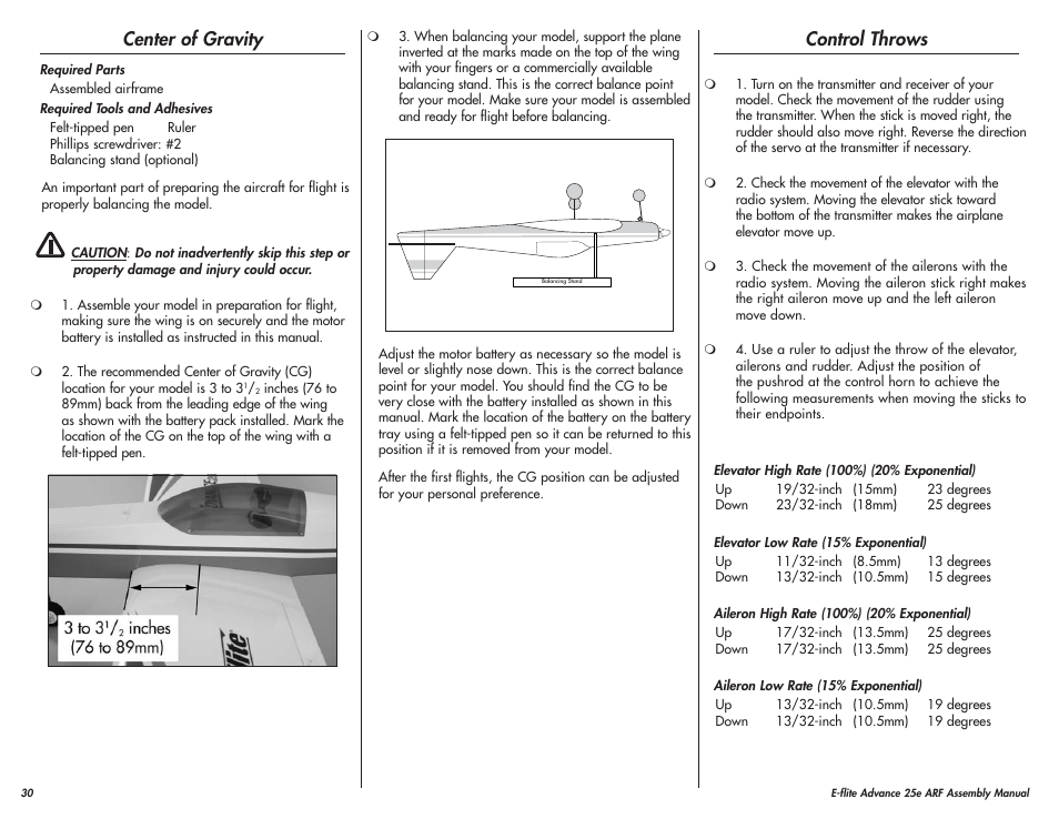 Center of gravity, Control throws | E-flite Advance 25e User Manual | Page 30 / 36