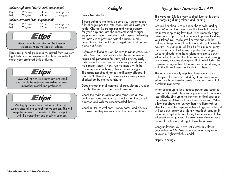 Preflight, Flying your advance 25e arf | E-flite Advance 25e User Manual | Page 31 / 36