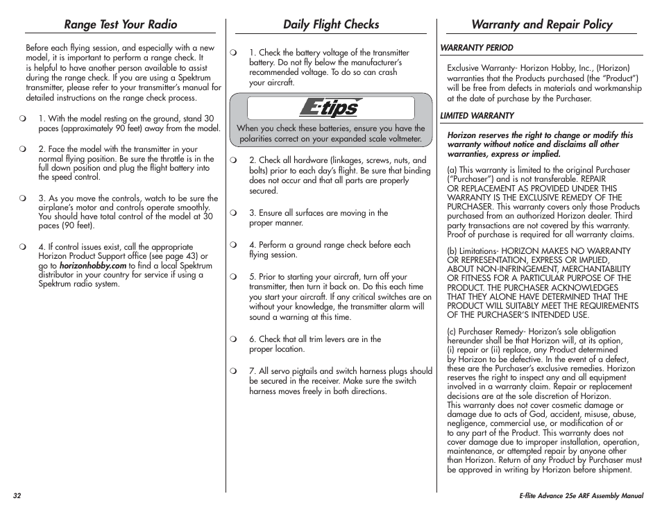 Range test your radio, Daily flight checks, Warranty and repair policy | E-flite Advance 25e User Manual | Page 32 / 36