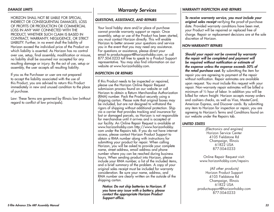 Warranty services | E-flite Advance 25e User Manual | Page 33 / 36