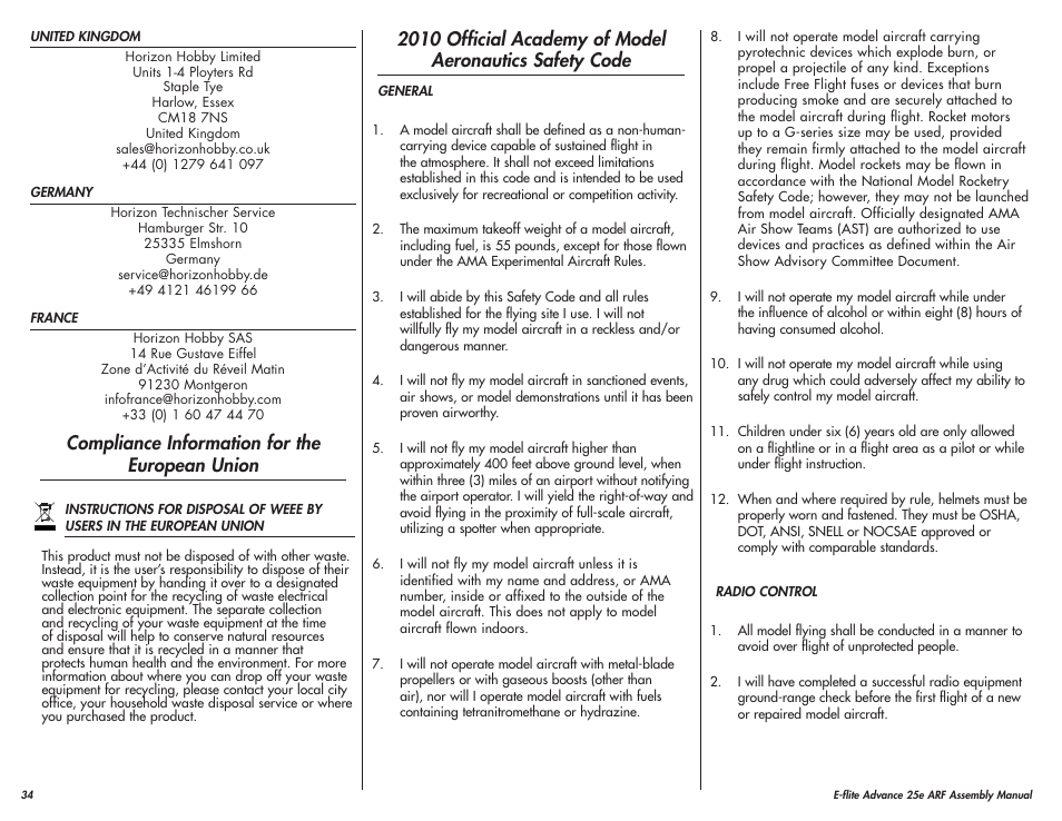 Compliance information for the european union | E-flite Advance 25e User Manual | Page 34 / 36