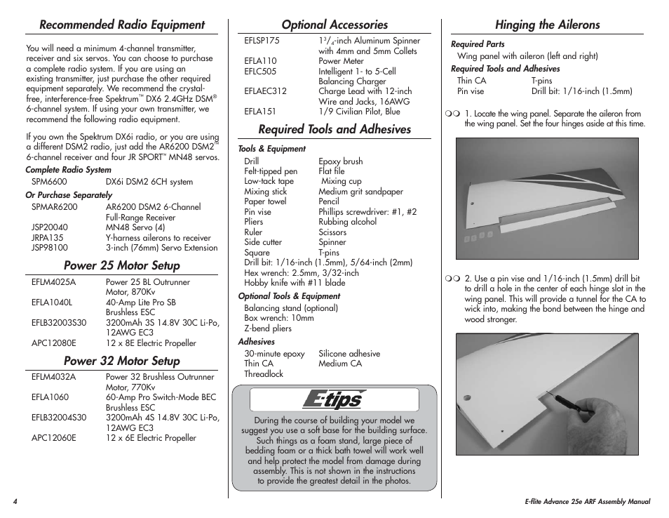 Recommended radio equipment, Power 25 motor setup, Power 32 motor setup | Optional accessories, Required tools and adhesives, Hinging the ailerons | E-flite Advance 25e User Manual | Page 4 / 36