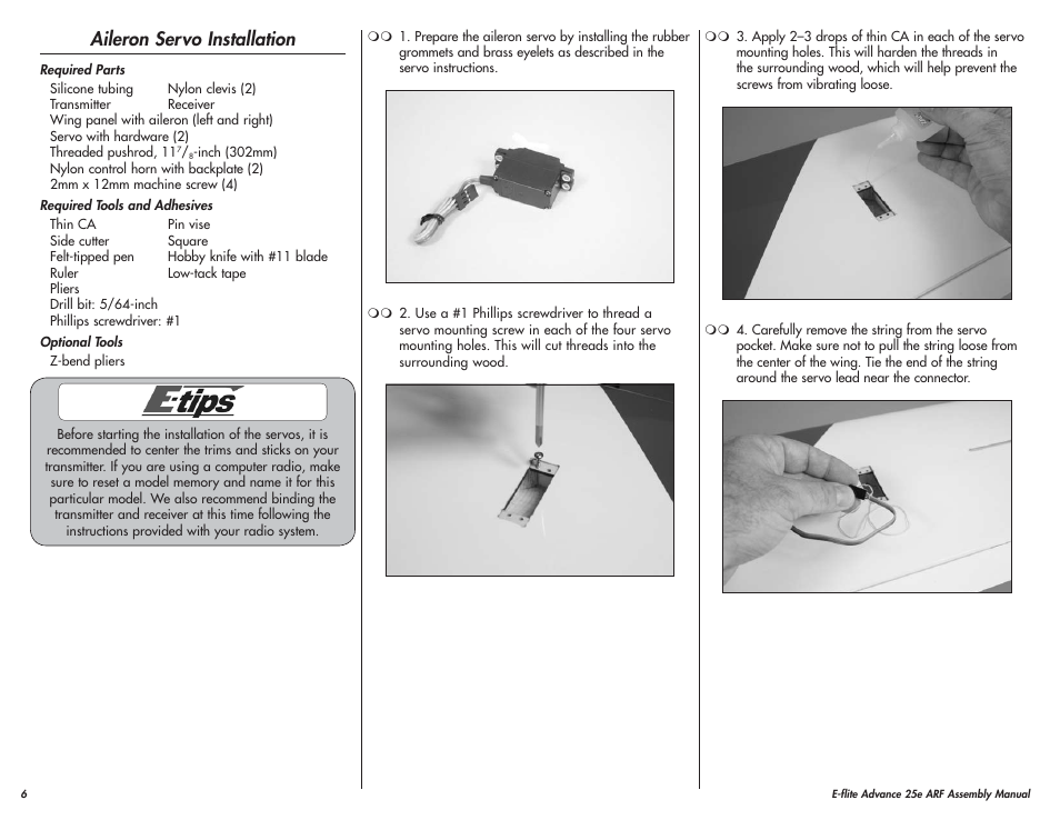 Aileron servo installation | E-flite Advance 25e User Manual | Page 6 / 36