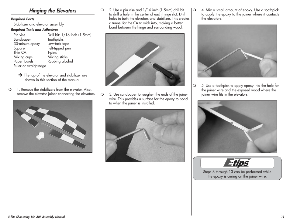 Hinging the elevators | E-flite Shoestring 15e ARF User Manual | Page 11 / 32