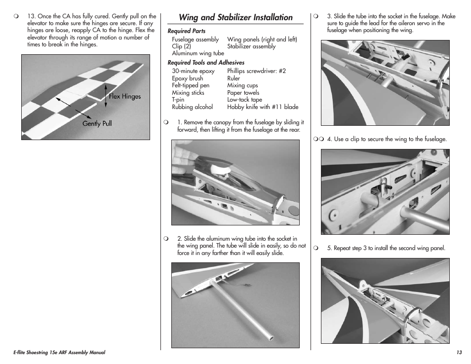 Wing and stabilizer installation | E-flite Shoestring 15e ARF User Manual | Page 13 / 32