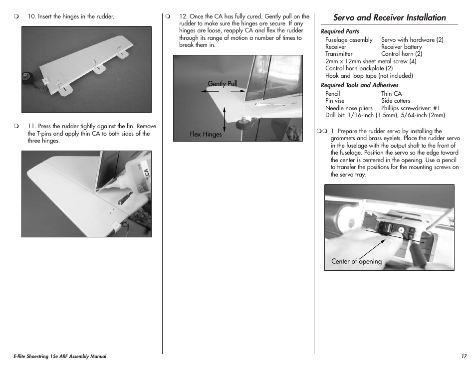 Servo and receiver installation | E-flite Shoestring 15e ARF User Manual | Page 17 / 32