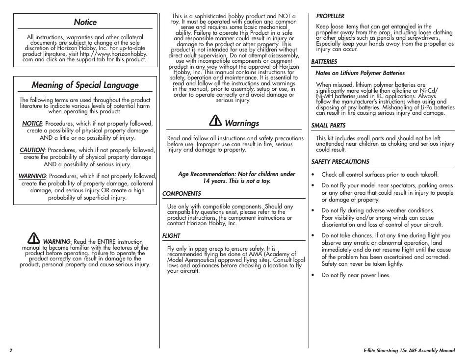 Notice, Meaning of special language, Warnings | E-flite Shoestring 15e ARF User Manual | Page 2 / 32