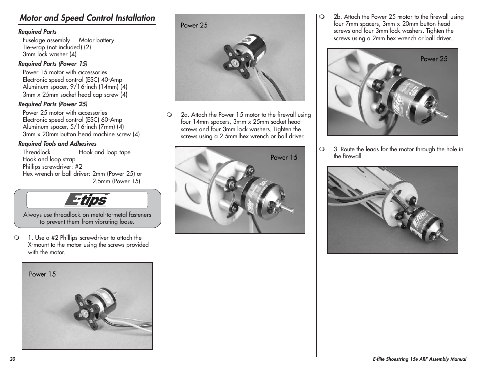 Motor and speed control installation | E-flite Shoestring 15e ARF User Manual | Page 20 / 32