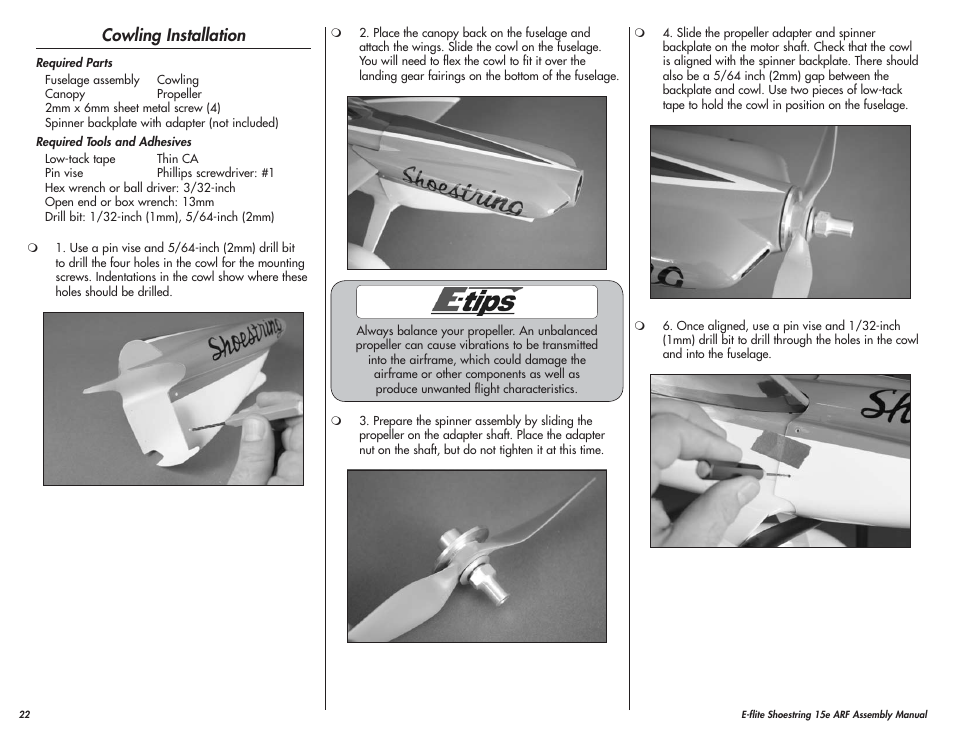 Cowling installation | E-flite Shoestring 15e ARF User Manual | Page 22 / 32