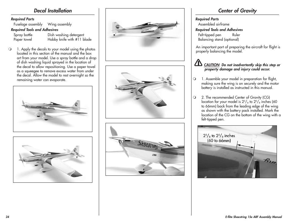 Decal installation, Center of gravity | E-flite Shoestring 15e ARF User Manual | Page 24 / 32