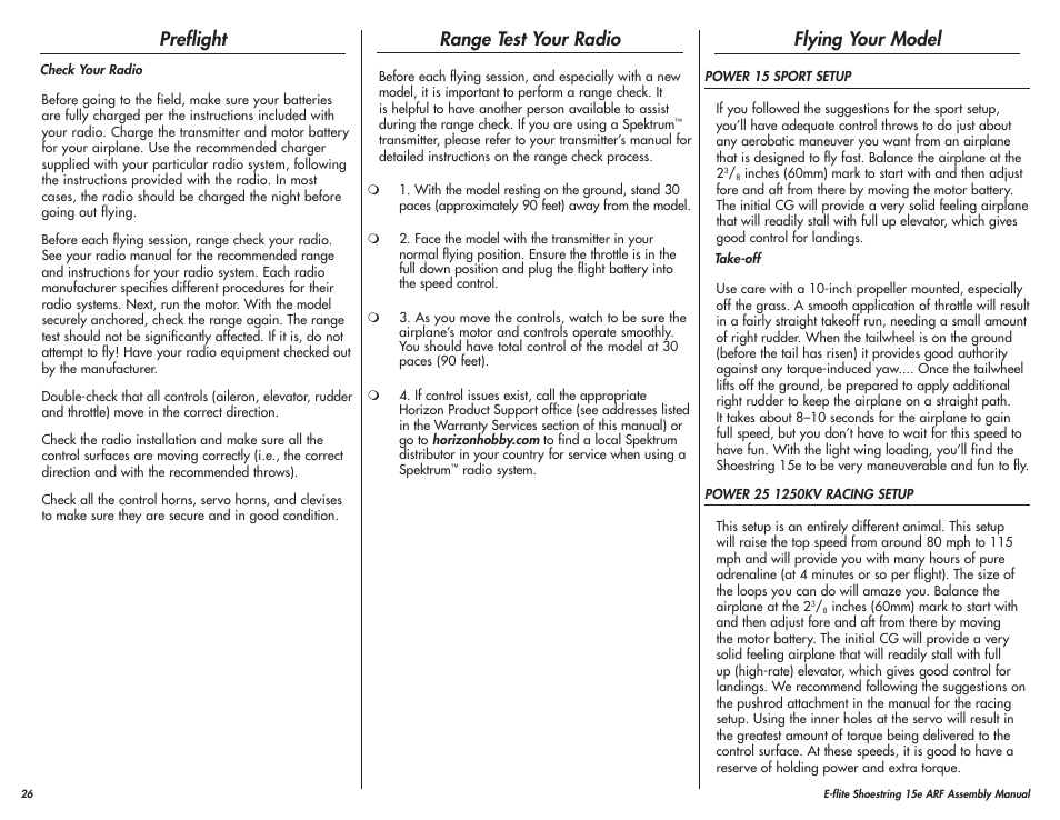 Preflight, Range test your radio, Flying your model | E-flite Shoestring 15e ARF User Manual | Page 26 / 32