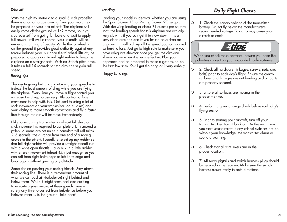 Daily flight checks | E-flite Shoestring 15e ARF User Manual | Page 27 / 32