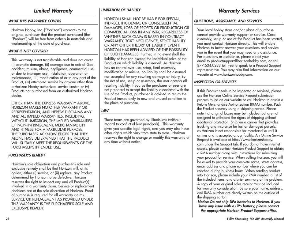 Limited warranty, Warranty services | E-flite Shoestring 15e ARF User Manual | Page 28 / 32