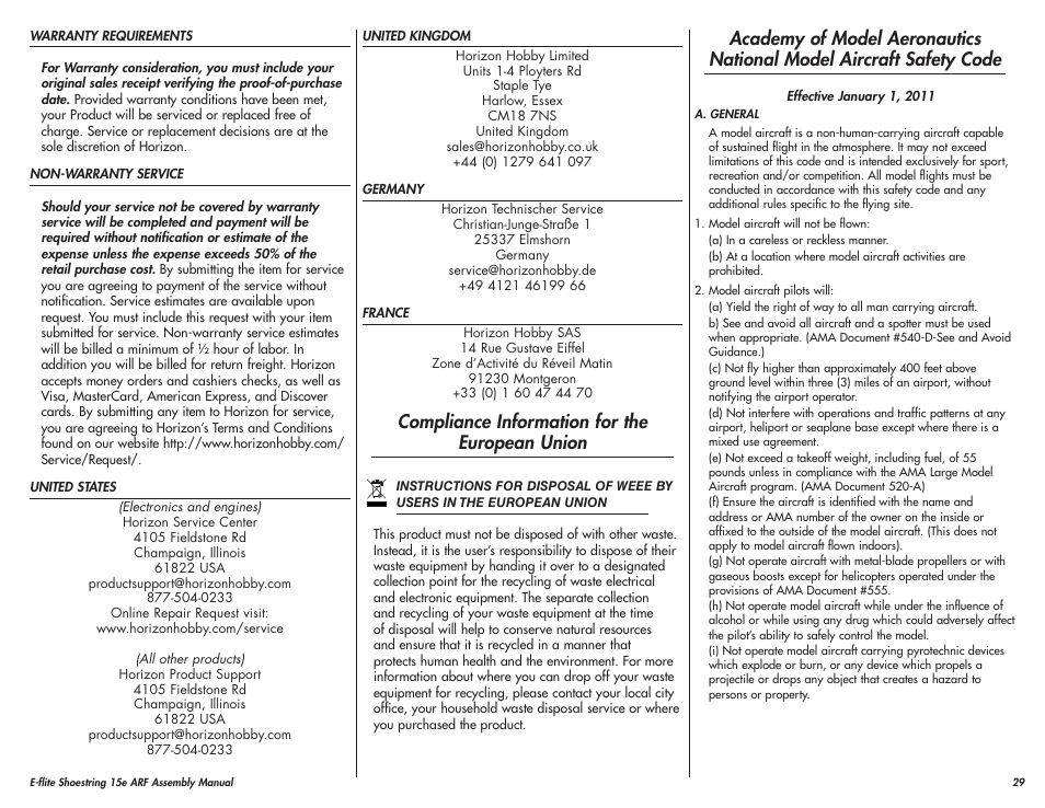 Compliance information for the european union | E-flite Shoestring 15e ARF User Manual | Page 29 / 32