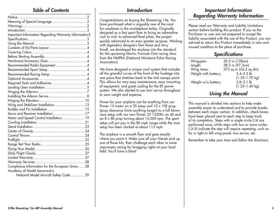 E-flite Shoestring 15e ARF User Manual | Page 3 / 32