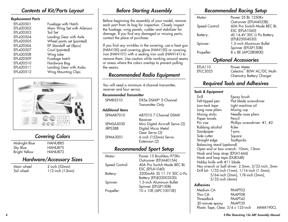 Contents of kit/parts layout, Covering colors, Hardware/accessory sizes | Before starting assembly, Recommended radio equipment, Recommended sport setup, Recommended racing setup, Optional accessories, Required tools and adhesives | E-flite Shoestring 15e ARF User Manual | Page 4 / 32