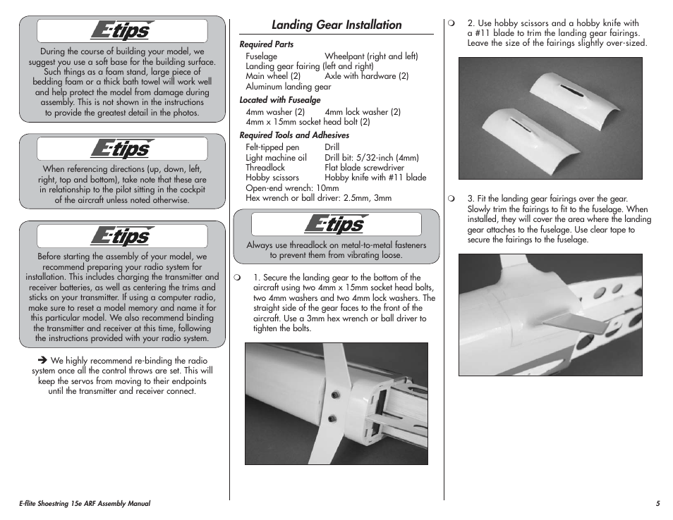 Landing gear installation | E-flite Shoestring 15e ARF User Manual | Page 5 / 32