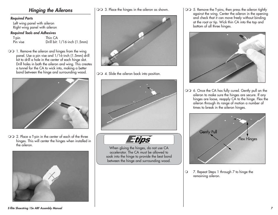 Hinging the ailerons | E-flite Shoestring 15e ARF User Manual | Page 7 / 32