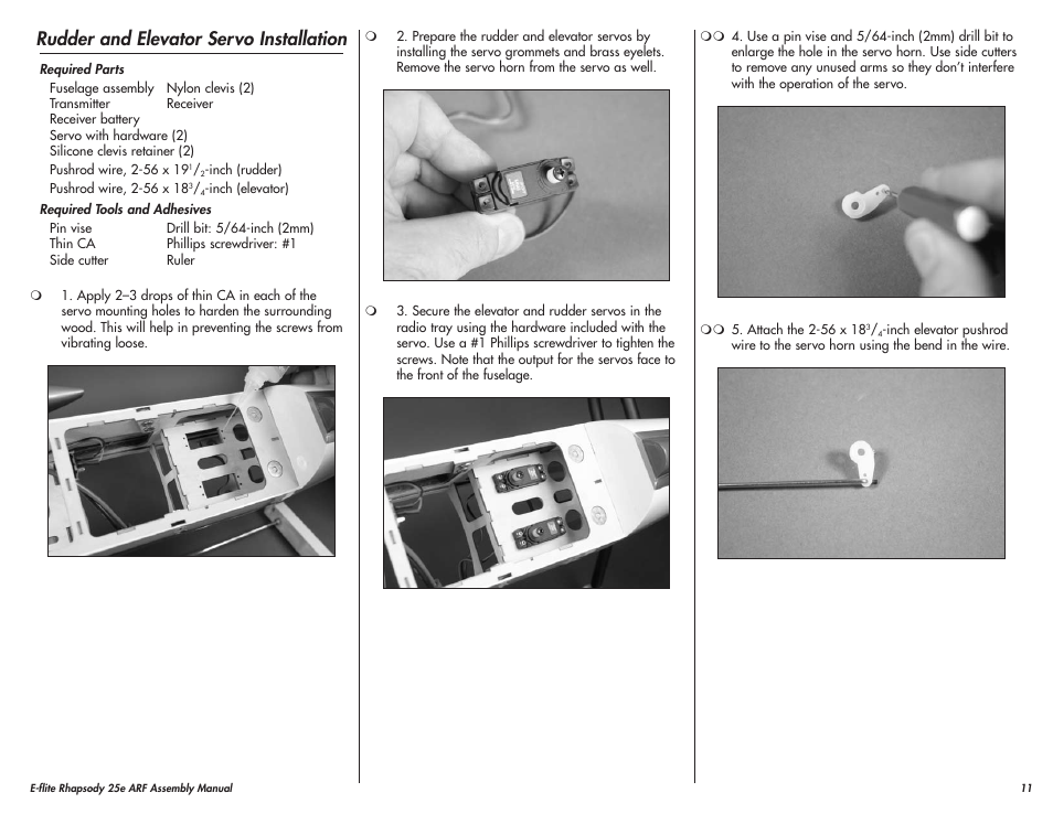 Rudder and elevator servo installation | E-flite Rhapsody 25e ARF User Manual | Page 11 / 24