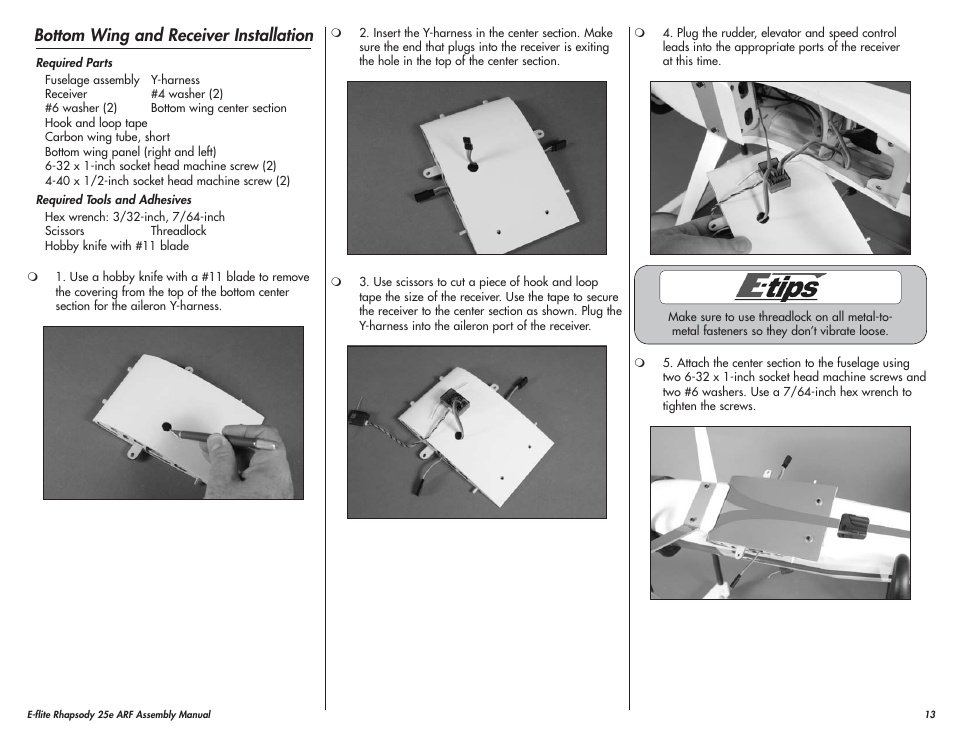 Bottom wing and receiver installation | E-flite Rhapsody 25e ARF User Manual | Page 13 / 24