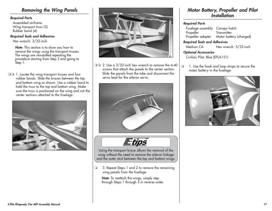 Removing the wing panels, Motor battery, propeller and pilot installation | E-flite Rhapsody 25e ARF User Manual | Page 17 / 24