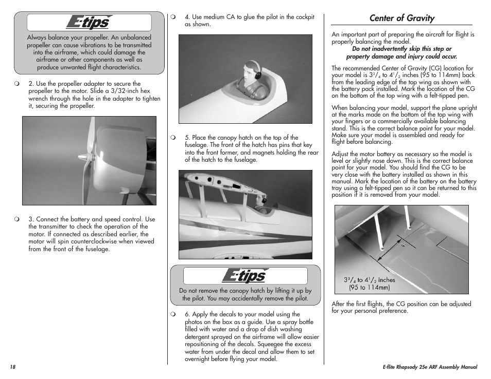 Center of gravity | E-flite Rhapsody 25e ARF User Manual | Page 18 / 24